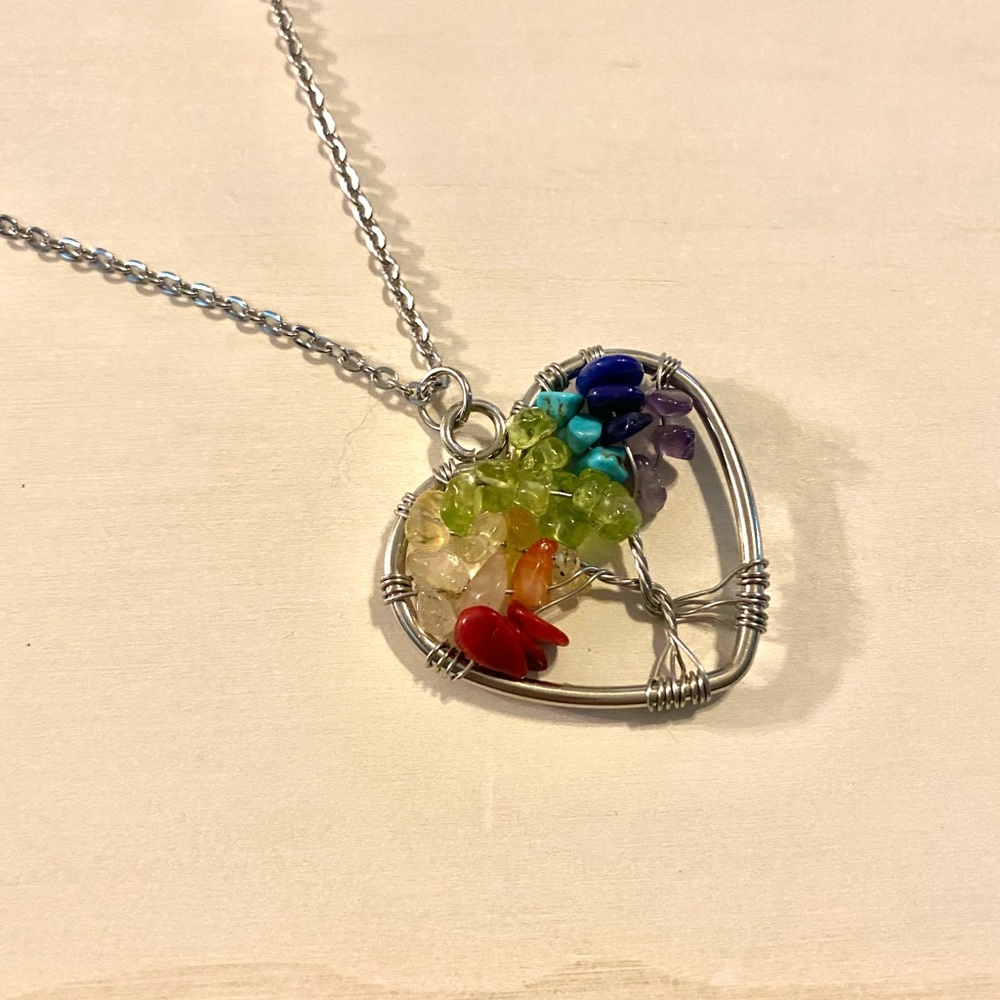 Rainbow natural stone tree in heart necklace